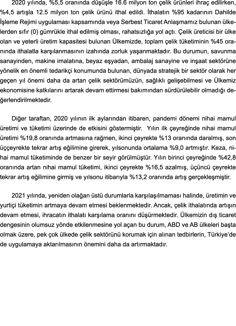 2020 yılında, %5,5 oranında düşüşle 16 6 milyon ton çelik ürünleri ihraç edilirken, %4,5 artışla 12 5 milyon ton çeli   