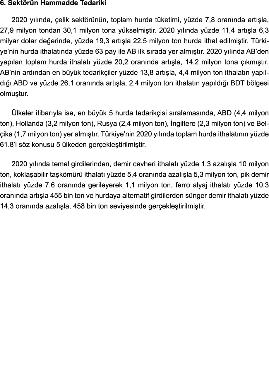 6  Sektörün Hammadde Tedariki  2020 yılında, çelik sektörünün, toplam hurda tüketimi, yüzde 7,8 oranında artışla, 27,   